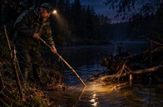 Рыбак ставит жердь на налима в коряжнике ночью