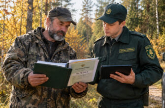 Охотник и инспектор проверяют документы на опушке леса