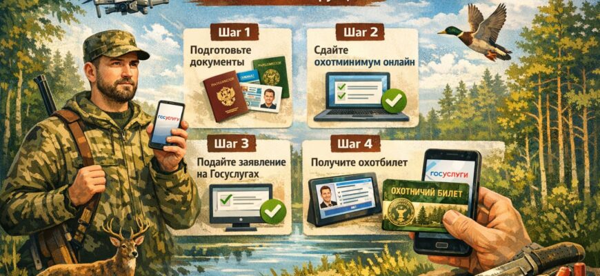 Оформление охотничьего билета через Госуслуги 2026: мужчина с ноутбуком и охотничьим ружьем на фоне леса