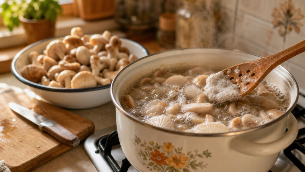 Варка опят в кастрюле на кухне