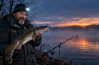 Рыбак с налимом на ночной реке осенью